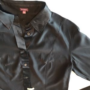 Silk ESCADA top. European 44. French cuffs & rounded hem. Freshly dry cleaned.